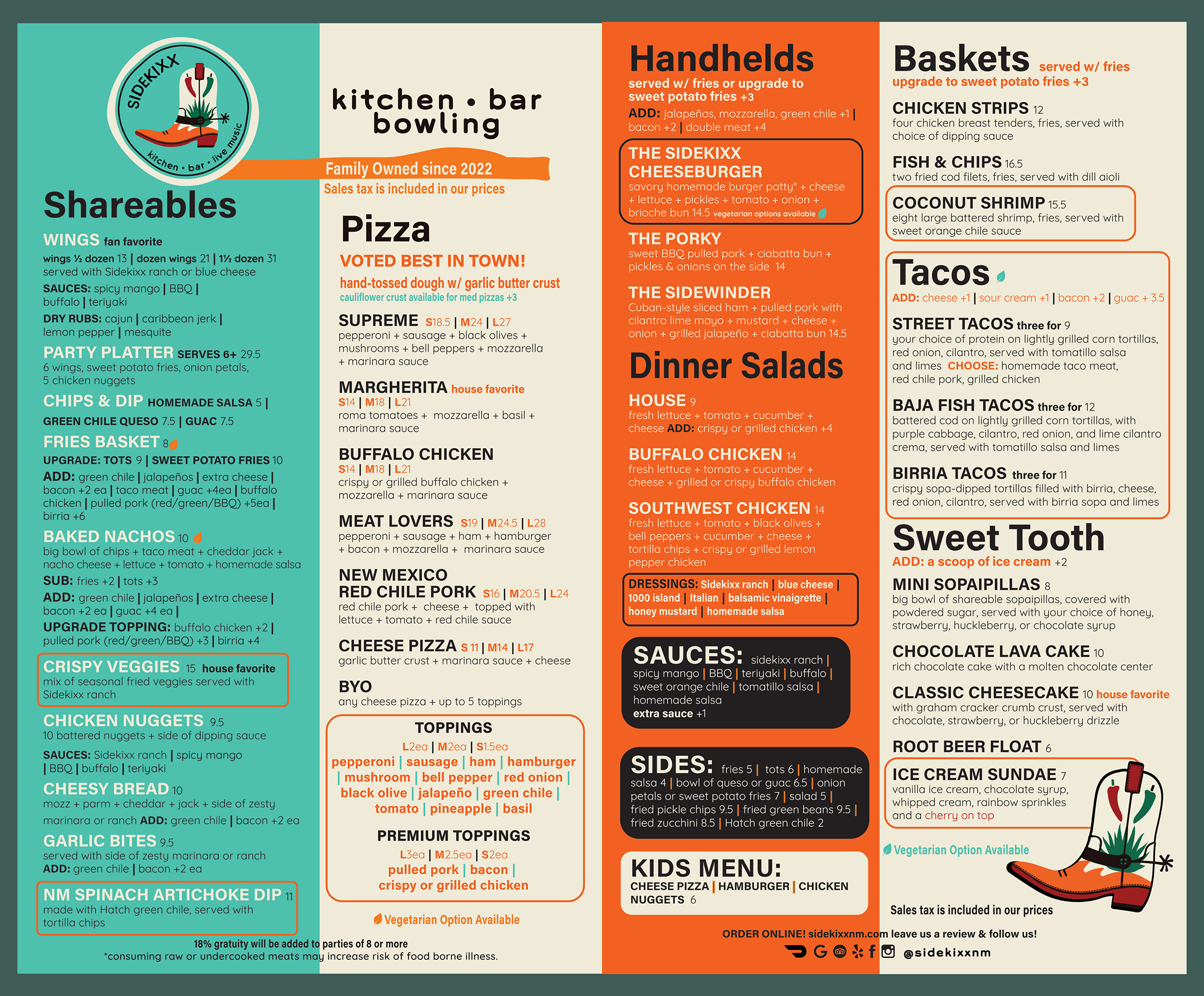 Menu | Sidekixx - Pizza, Grill, & Bowling